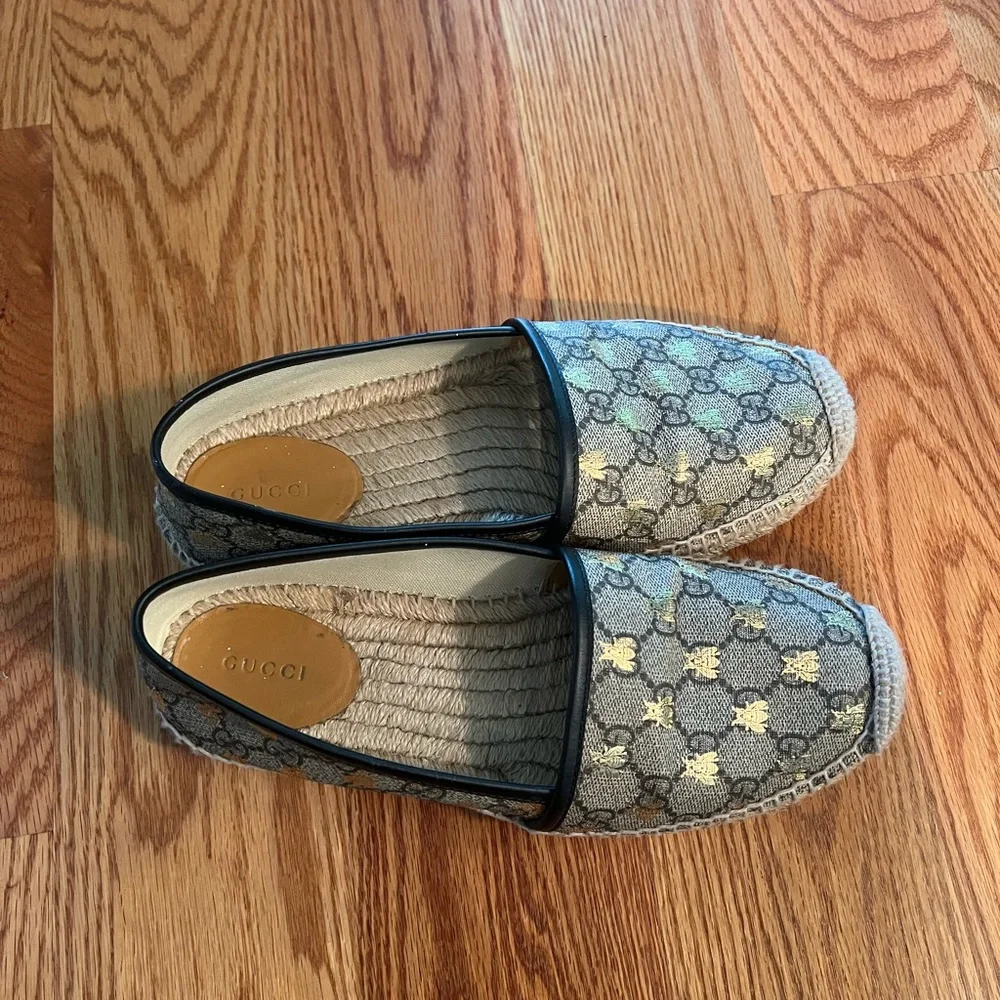 Gucci Beige GG Monogram Espadrille Flats with Black Trim